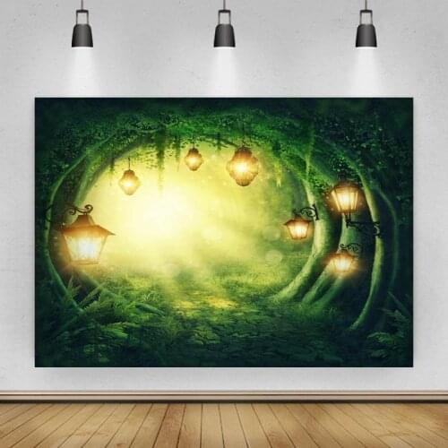 Green Forest Dreamy Hanging Lanterns Backdrop Photo Background Vinyl Children Portrait Photography Photocall Booth Props