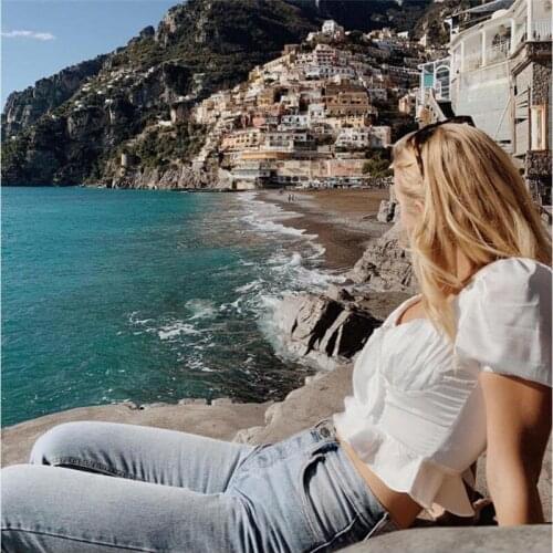 French retro design sense square neck puff sleeve short-sleeved T-shirt female temperament self-cultivation all-match short top