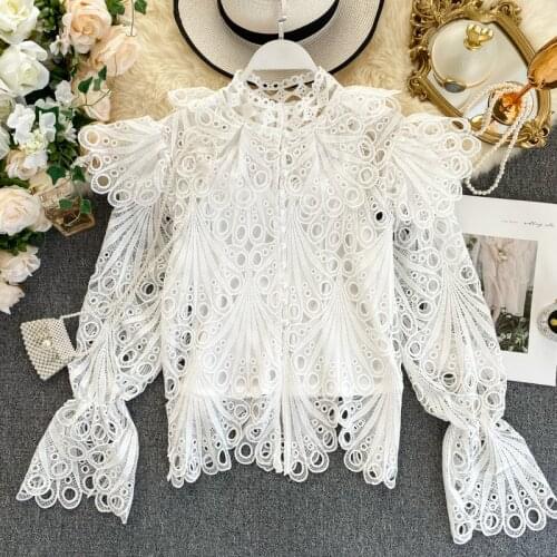 Womens French Vintage Lace Shirt Spring Autumn Hollow Ruffled Flare Sleeve Stand Collar Tops Single-breasted Shirt Tops ML637