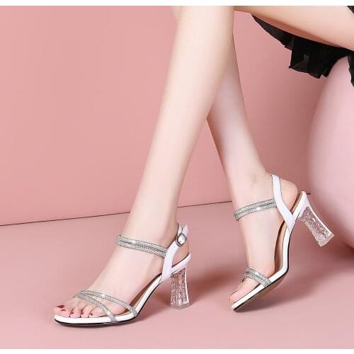 2021 Women Summer New Rhinestone Peep-Toe Leather High Heels Sandal Female Ankle Buckle Strape Sexy Sandals