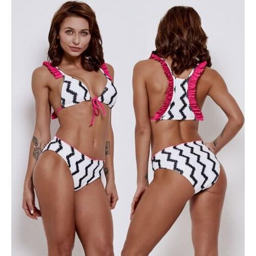Womens Frilled Swimsuit Two Piece Tie Front Top with High Waisted Bottom Sexy Bikini Set Striped Bathing Suits Swimwear