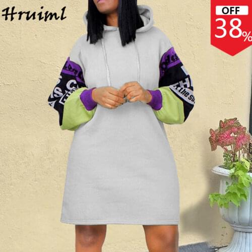 Long Sleeve Woman Dress Autumn Winter Casual Loose Ladies Mini Dress Print Long Hooded Sweatshirts Fashion Streetwear Dress 2020