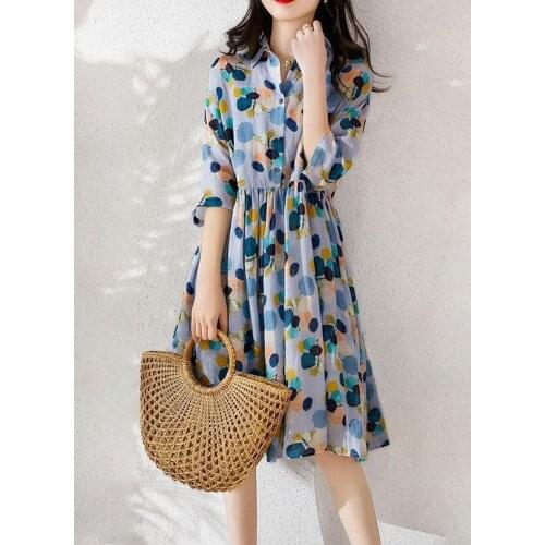 Korean Chic Unif Print Dress Women Party Dress Boho Casual Turn-down Collar Dot Chiffon Dresses for Women Summer Sexy Clothing