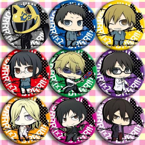 1pc 58mm Anime Badges DuRaRaRa Celty Sturluson Mikado Masaomi Sonohar Brooch Broche spilla