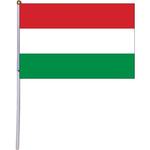 Free shipping xvggdg Hungary hand flag 14 * 21cm hand wave flags 100pcs / bag with plastic flagpole Polyester Printing banne
