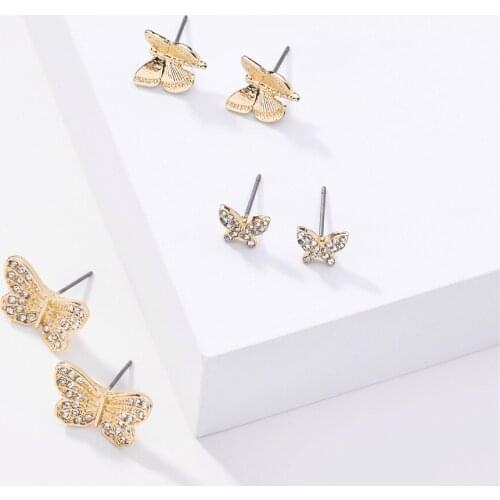 E7243 3 pcs/set ZWPON Mini Pave Crystal Butterfly Stud Earrings for Women Metal Butterfly Earrings Everyday Jewelry Wholesale
