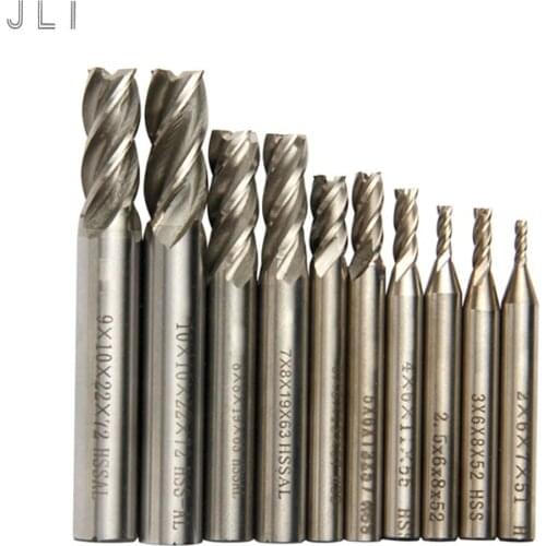 10pcs/set JLI 2-10mm Flute Milling Cutter HSS End Mill Carbide 4 Blades Router Bit CNC Mill Machine Tool