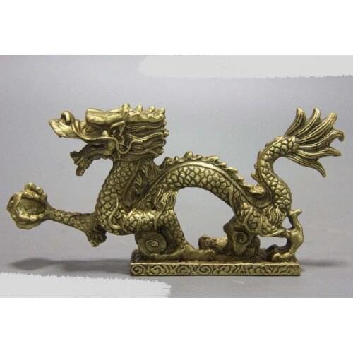 China brass sculpture mythical creatures fine Feng Shui dragon play bead Statue DD