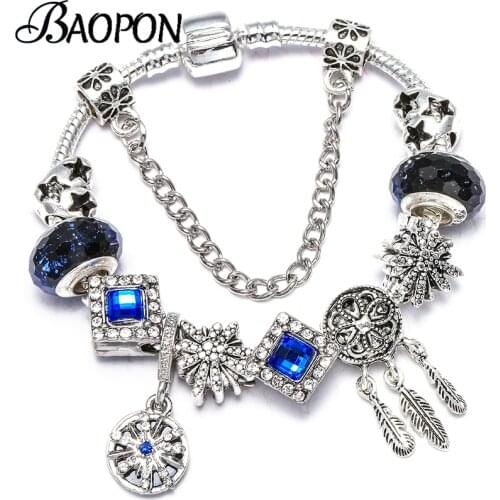 BAOPON Classic Moon & Star Charm Bracelet With Feather Snake Chain Fine Bracelet As Women Wedding Jewelry Dropshipping