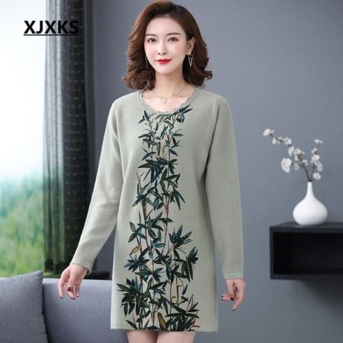 XJXKS Fashion printed women knitted dress 2020 spring new plus size comfortable 100% wool knitted long sweater women pullover