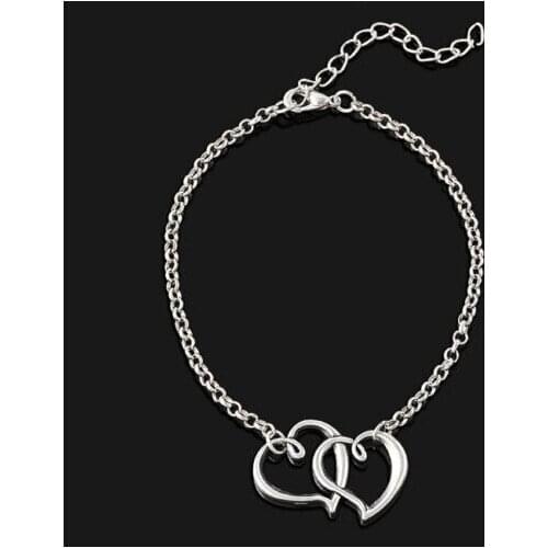Fashion Summer style Double Heart Anklet Adjustable Chain Good Luck Bangle & Bracelet For Women Box Gift DIY Jewelry W1