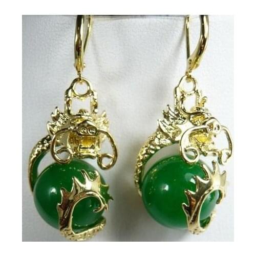 Fancy 12mm green jade dragon fine gem earrings