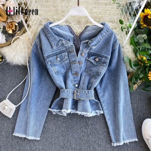 Sexy Off Shoulder Denim Jacket Spring Long Sleeve Back Zipper Sashes Short Coat Women Jeans Jackets Crop Tops Chaquetas Mujer
