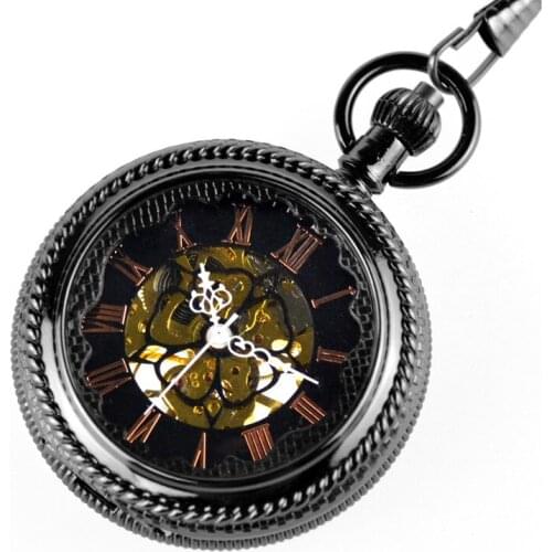 Gun Black Skeleton Mechanical Hand Wind Pocket & Fob Watches Clamshell Magnifier Mens Pocket Watch Pendant Full Hunter Gift