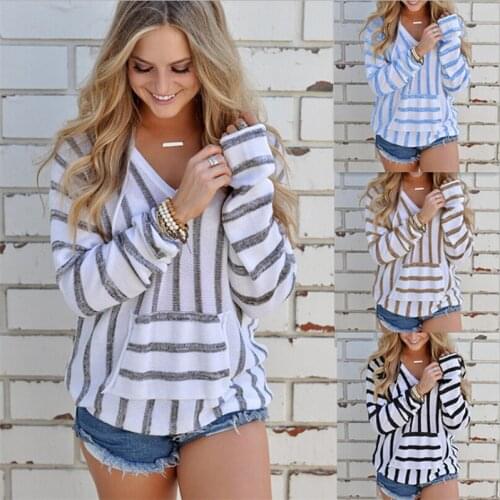 Casual Women Striped Drawstring Hoodes Hoodies Sweatshirt Pullover Fashion Long Sleeve Women Pockets Hoodies mujer