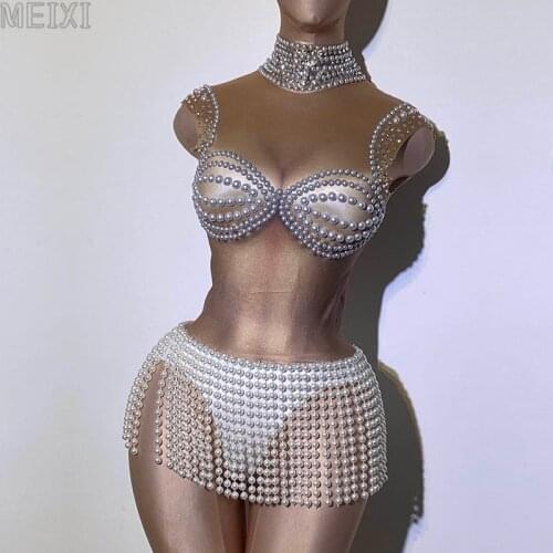 Stretch white pearl tassel jumpsuit stage performance costume bar concert DJ singer/dancer costume