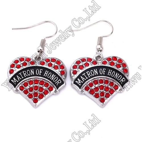 Matron of Honor Pave Heart Earrings French Hook Clear Crystal Rhinestones