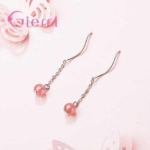 New Korean Fashion Band Handmade Pink Beads 925 Sterling Silver Earring Dangel For Women Girl Best Birthday Jewelry Gift