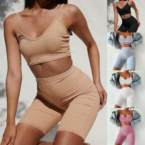 Sport Tracksuit Spaghetti Strap Crop Top and Mini Biker Shorts Women Set Casual Outfits 2 Piece Sets