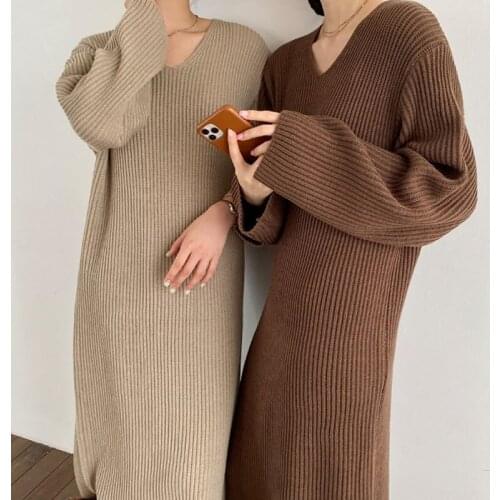 Loose V Neck Knitwear Casual Thick Korean Woman Sweater Dress Women Winter 2021 Black White Dresses Solid Knitted Warm Clothes