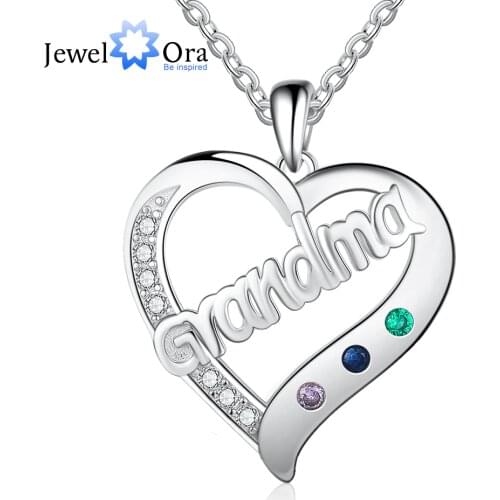 JewelOra Personalized Custom Birthstone Grandma Heart Pendant Necklace Silver Color Family Jewelry Birthday Gifts for Grandma