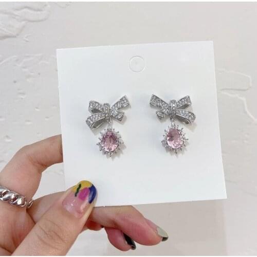 Delicate Korean Zircon Micro Paved Bowknot Drop Earrings For Women Fashion Pink Crystal Pendientes Jewelry Gifts