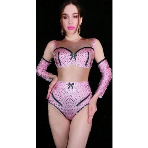 Women Singer Sparkly Jumpsuit Fashion Detachable Sleeve Crystals Mesh Pink Sexy Bodysuit Mask Outfit Nightclub Bar Rave Party