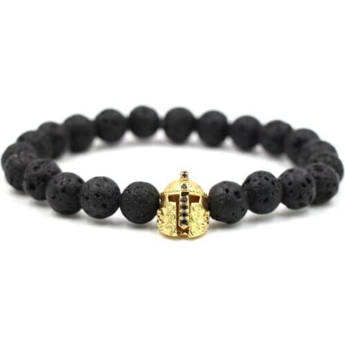 10mm thjy3 elastic adjusted nature black stone volcanic lava bead micro pave Spartan helmet cz cubic zirconia Bracelet