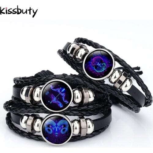 2019 Blue Eternity 12 Constellations Bracelet Zodiac Sign Bracelets Punk Leather Bracelet For Men Boys Jewelry Accessories Gifts