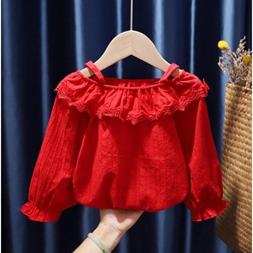 Keelan Girls Blouses Autumn Kids Long Sleeve Off Shoulder Clothes Cotton Children Solid Princess Bottoming Shirt Korean Version