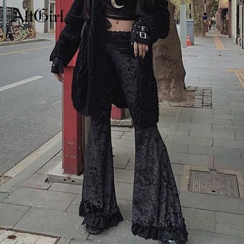 AltGirl Harajuku Punk Gothic Flare Pants Women Grunge Street Vintage Mall Goth Lace Patchwork Hollow Out Dark Black Velvet Pants