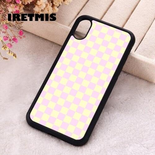 Iretmis 5 5S SE phone cover cases for iphone 6 6S 7 8 Plus X Xs Max XR 11 12 MINI Pro Cream Yellow and Pink Lace Checkerboard