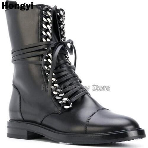 Black Leather Gold Silvery Chain Ankle Boots Round Toe Lace-up Flat Winter Short Boots Women Ridding Boot Strap Motorcycle Boot