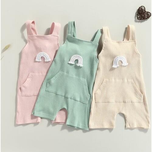 0-24M Baby Summer Clothing Newborn Baby Girl Boy Ribbed Clothes Sleeveless Rainbow Romper Jumpsuit Pocket Outfits
