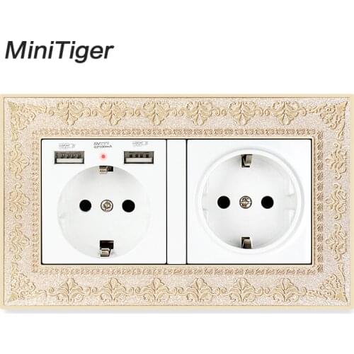 Minitiger Double Russia Spain EU Standard Wall Socket With 2 USB Charge Port Hidden Soft LED Indicator Vintage Zinc Alloy Frame