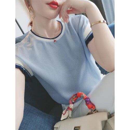2021 Top Fashion Hot Sale 20686 (no.1, Row 6, Room 1) Off The Spot Net Red Picture Round Neck Short Sleeve Plaid T-shirt 29