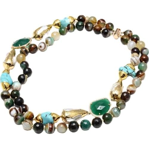 GG Jewelry 2 Strands Green Faceted Agate Gold Plated Turquoise Cultured White Biwa Pearl CZ Paved Crystal Necklace For Women