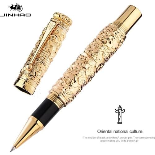 JINHAO Vintage Luxurious Metal Rollerball Pen Golden Dragon Cloud Heavy Big Pen M Point 0.7 Carving Embossing Collection Gift
