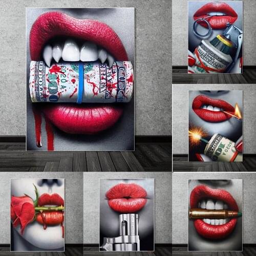 Woman Red Lips And Dollar Gun Bullet Abstract Wall Art Canvas Posters Paintings for Interior Money Picture for Living Room Decor