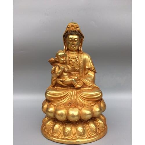11"Chinese temple collection Old Bronze Gilt Give off Guanyin Bodhisattva Buddha statue Sitting Buddha Enshrine the Buddha