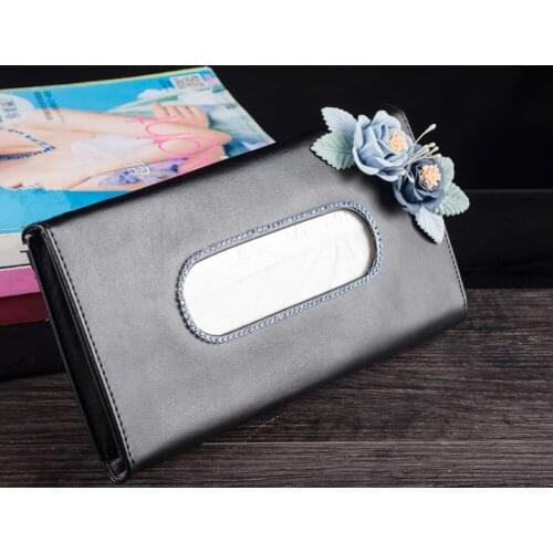 Leather Auto Paper Towels Holder with Flower for Women Girls Car Styling Accessories Black Sun Visor Type Car Tissue Bag Box