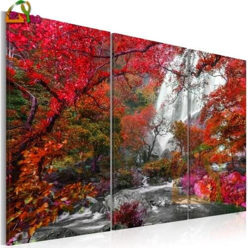 Beautiful Waterfall Autumnal Forest Triptych Diamond Painting Forest Full Square Drill 5d Diy Diamond Embroidery Home Decor 3pcs