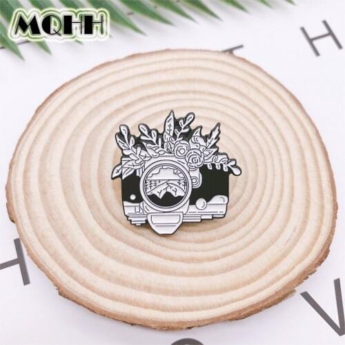 Creative Fun Black and White Camera Enamel Brooch Outdoor Adventure Tools Trees Flowers Pins Alloy Badges Woman Jewelry Gift