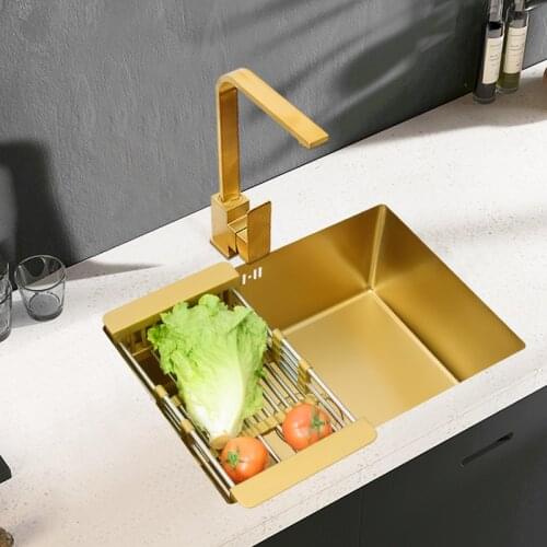 Brushed Gold Kitchen Sink Under Mounte Nano Stainless Steel 304 Single Bowel Small Size for Bar Kitchen Sinks with Accessories