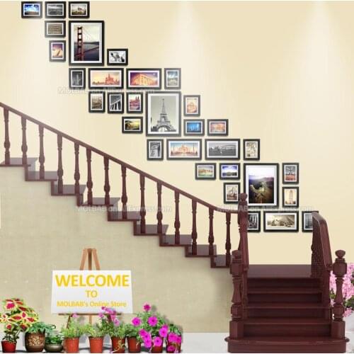 MOLBAB Large Wood Photo Frames Stairwell Gallery Wall 32PCS/Set Modern Flat Border Wooden Picture Frame Home Stairway Decoration