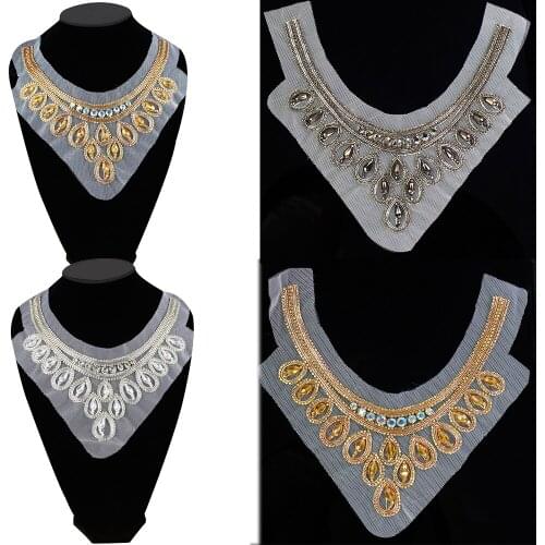Handmade Neck Beaded Crystal Net Patches Sew on Neckline Indian Silk Decoration Bridal Applique DIY Craft 1pc P2041