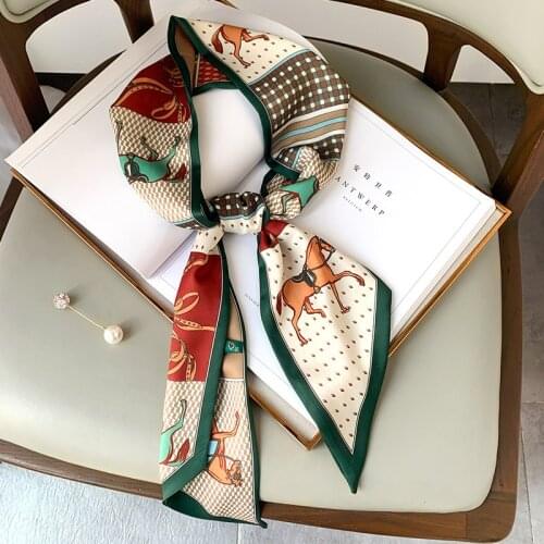 Retro Carriage New Thin Narrow Long Silk Scarf Female Fashion Decoration Pointed Scarf Bag with Hair Band Ribbon Scarf