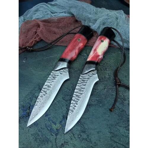 VG10 Damascus Steel fixed knife Handmade forged Damascus steel hunting knife 60HRC Ebony handle with Leather sheath Tool