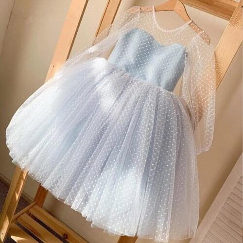 Llusion Polka Dot Flower Girl Dresses Simple Illusion Sleeves Girl Pageant Gown Tulle Knee-Length Baby Communion Dresses