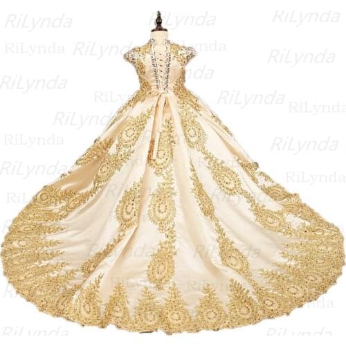 Golden Flower Girl Dresses For Wedding Fashionable Pageant Gown Sleeveless lace Appliques Holy Communion Dresses for Girl